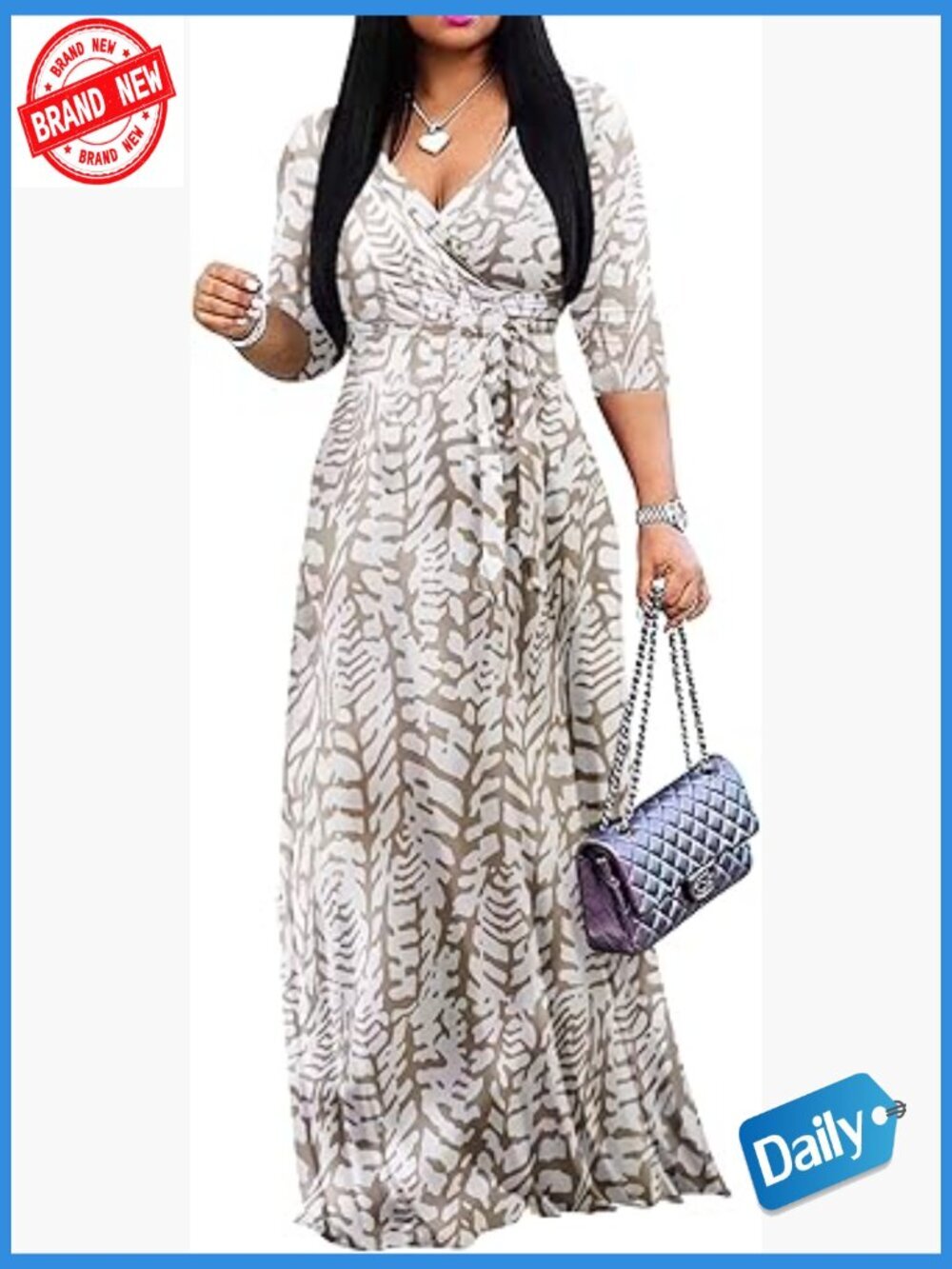 Plus Size Maxi Dress with Pockets V Neck 3/4 Sleeve Flowy Sundress